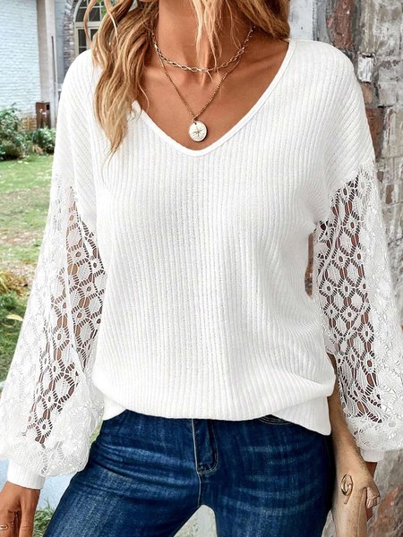 

Lace Casual Plain T-Shirt, White, Shirts & Blouses