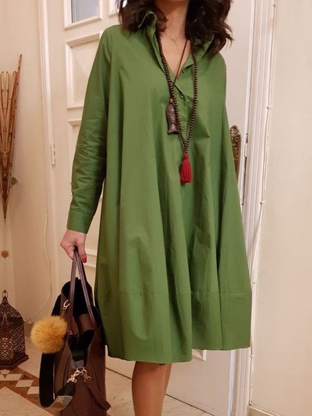 

Shirt Collar Plain Urban Loose Long Sleeve Dress, Green, Midi Dresses