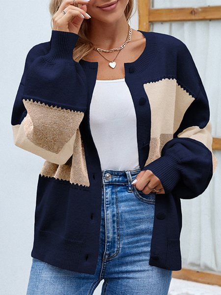 Acrylic Color Block Casual Cardigan, Blue, Sweaters
