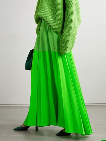 

Color Block Loose Elegant Long Skirt, Green, Skirts