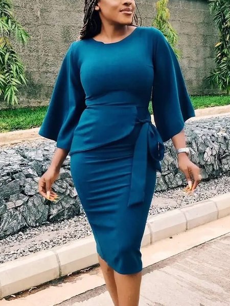 

Tight Elegant Crew Neck Three Quarter Sleeve Dress, Blue, Midi Dresses
