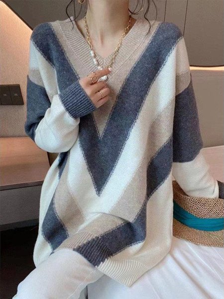 

Acrylic Loose Color Block Casual Sweater Dress, As picture, Sweaters