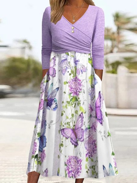 

Floral Regular Fit V Neck Elegant Dress, Purple, Dresses