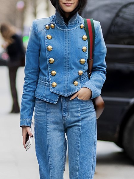 

Regular Fit Stand Collar Plain Casual Denim Jacket, Blue, Denim Jackets