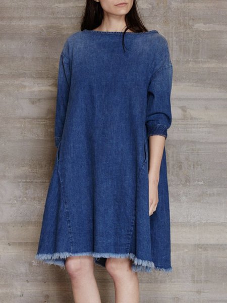 

Three Quarter Sleeve Boat Neck Denim Casual Regular Fit Denim Dress, Blue, Mini Dresses
