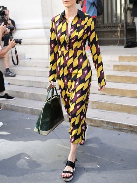

Geometric Print Shirt Collar Urban Long Sleeve Dress, As picture, Maxi Dresses
