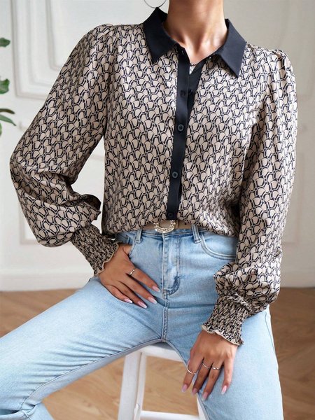 

Abstract Print Shirt Collar Urban Loose Blouse, Khaki, Blouses and Shirts