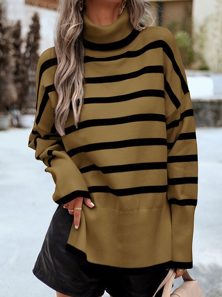 

Striped Turtleneck Casual Loose Sweater, Brown, Sweaters