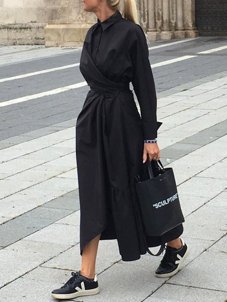 

Long Sleeve Urban Plain Regular Fit Dress, Black, Maxi Dresses