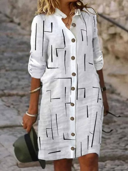 

Buttoned Casual Geometric V Neck Dress, White, Dresses