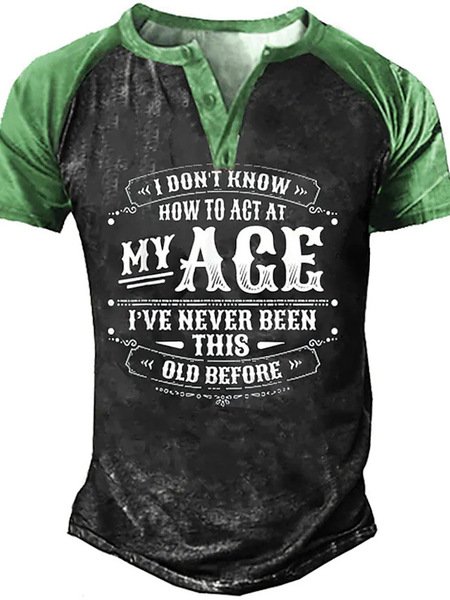 

Regular Sleeve Text Letters Regular Fit Half Open Collar Casual Short Sleeve T-Shirt, Green, T-Shirts