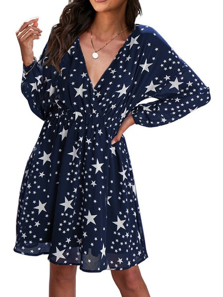 

Women Star Pattern Boho V Neck A-Line Dress Casual Resort Clothing, Blue, Dresses