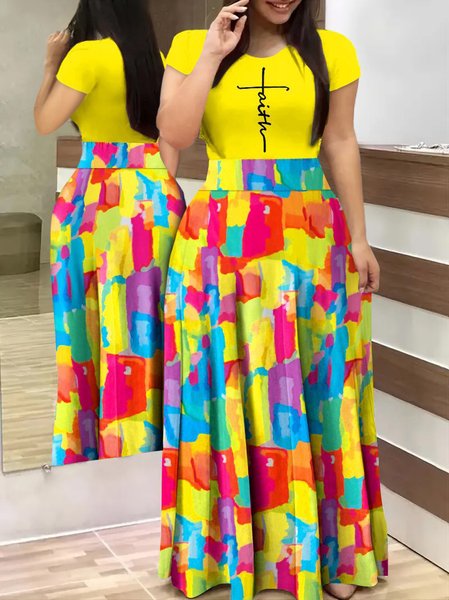 

Color Block Text Letter Split Stitching Bohemian Style Round Neck Regular Fit Maxi Dress Casual Vacation Clothing, Yellow, Dresses
