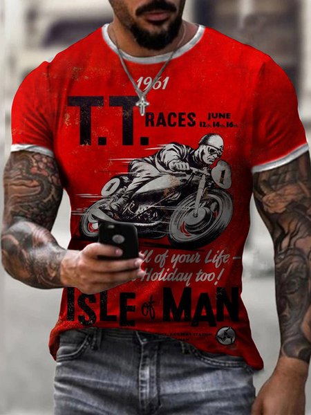 

Regular Fit Casual Distressed Motorcycle Regular Sleeve Short Sleeve T-Shirt, Red, T-Shirts