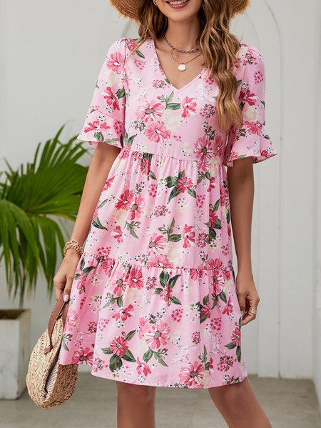 

Printing Petal Sleeve V Neck Vacation Floral Dress, Pink, Dresses