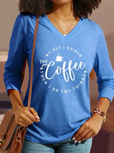 

Women's Casual Coffee Letter Print Graphic V Neck Shirt, Blue, Long sleeves