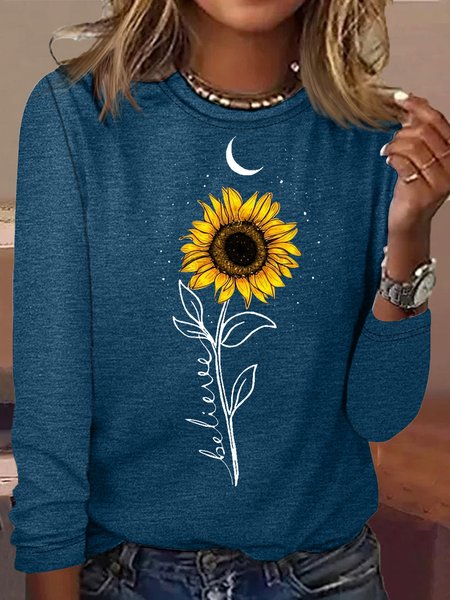 

Women's Sunflower Moon Print Crew Neck Text Letters Shirt, Blue, Long sleeves