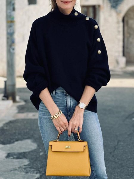 

Plain Stand Collar Buttoned Urban Sweater, Black, Sweaters