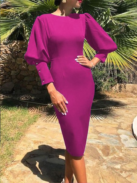 

Crew Neck Elegant Plain Lantern Sleeve Dress, Rose red, Midi Dresses