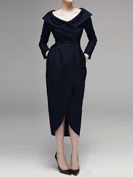 

Plain Long Sleeve Regular Fit Urban Midi Dress With No Belt, Black, Midi Dresses