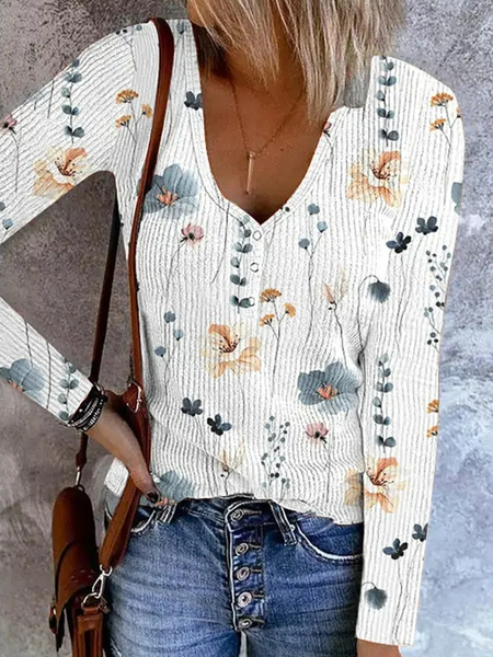 

Casual V Neck Floral T-Shirt, White, T-Shirts
