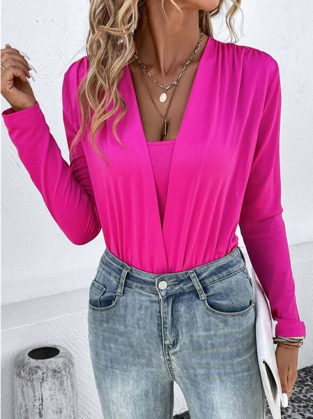 

V Neck Plain Casual Regular Fit Shirt, Deep pink, Shirts & Blouses
