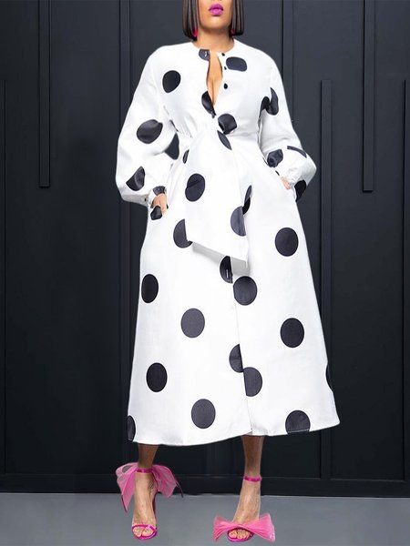 

Pocket Stitching Polka Dots Urban Midi Dress With Belt, Black-white, Maxi Dresses