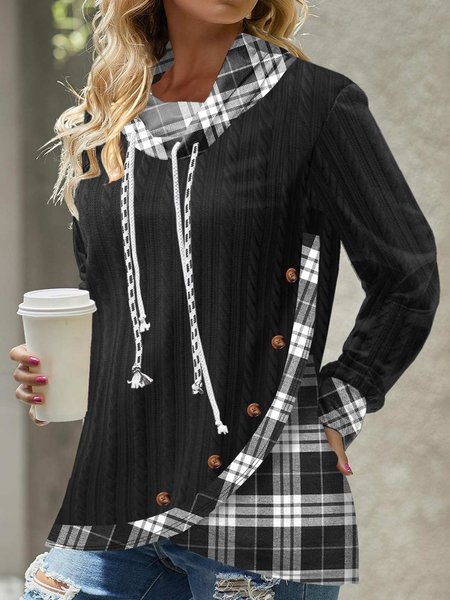 Casual Plaid Buttoned Sweatshirt, Black, Sweatshirts & Hoodies