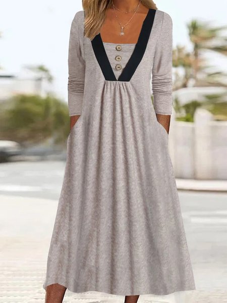 

Buttoned Square Neck Casual Dress, Khaki, Dresses