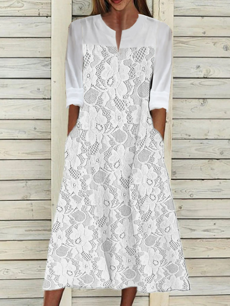 

V Neck Casual Regular Fit Plain Dress, White, Dresses