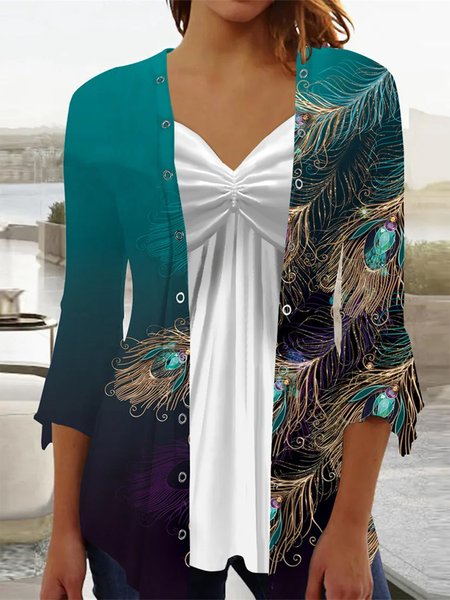 

Feather Pattern Casual Two-Piece Set, Blue, Suit Set