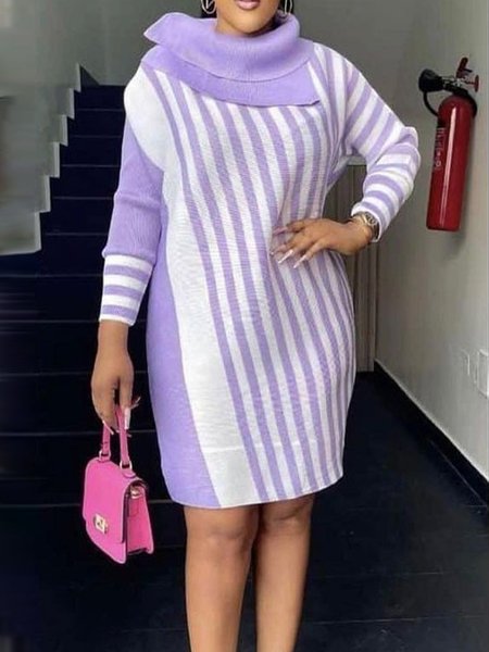 

Elegant Loose Striped Mini Dress With No Belt, Purple, Mini Dresses