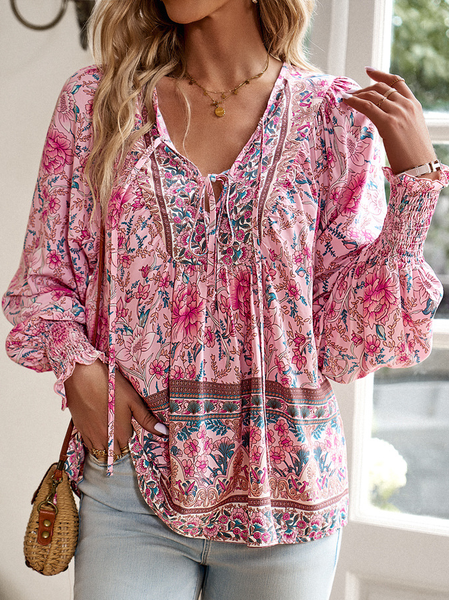 

Loose V Neck Floral Casual Shirt, Pink, Shirts & Blouses