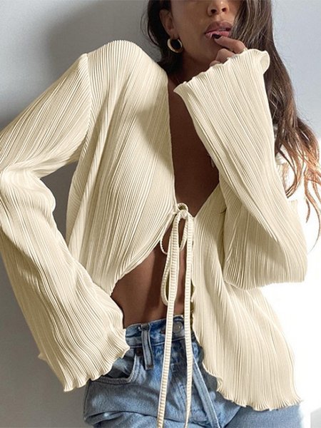 

Plain V Neck Casual Regular Fit Shirt, Apricot, Shirts & Blouses