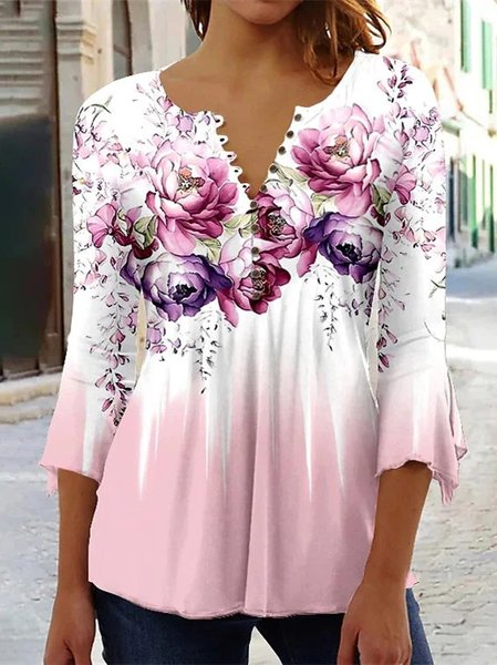 

Pink Gradient Floral Design Casual Knit Top, Shirts & Blouses
