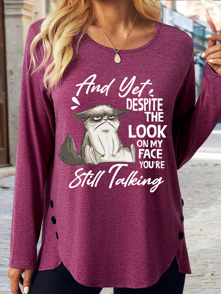 

Women's Stil Talking A Cat Crew Neck Cat Casual Long Sleeve Shirt, Wine red, Long sleeves