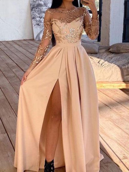 

Regular Fit Party Crew Neck Leaf Wedding Dress, Apricot, Party Dresses