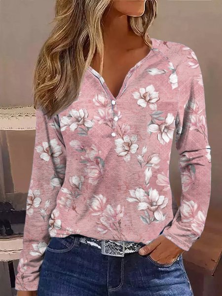 

V Neck Casual Loose Floral T-Shirt, Pink, T-Shirts