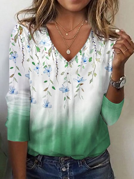 

Loose Casual V Neck Floral T-Shirt, Green, T-Shirts