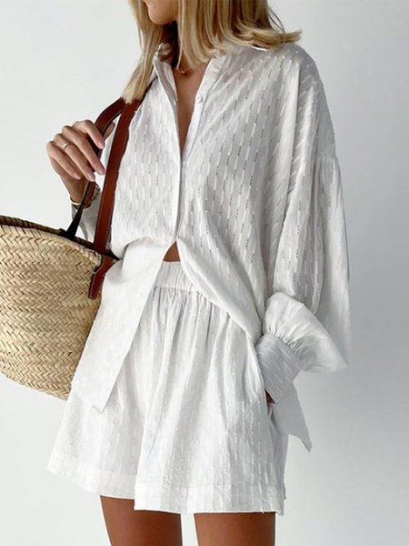 

Shirt Collar Plain Casual Two-Piece Set, White, Suit Set