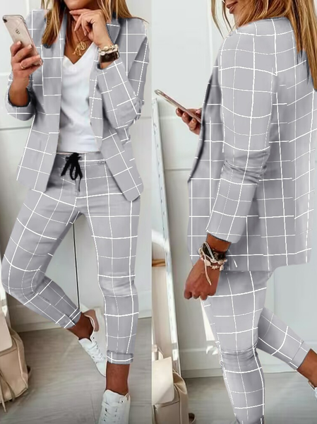 

Casual Regular Fit Plaid Two-Piece Set, Gray, Suit Set