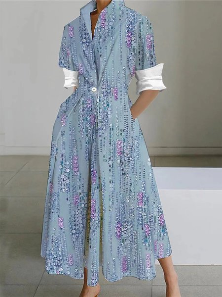 

Shawl Collar Loose Casual Floral Dress, Blue, Dresses