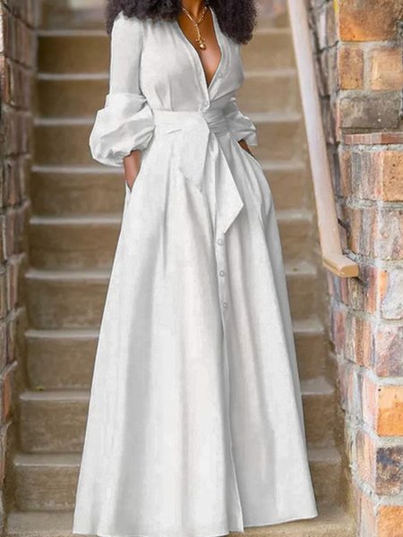 

Plain Loose Urban Buckle Dress, White, Maxi Dresses