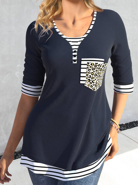 

Striped V Neck Regular Fit Casual T-Shirt, Dark blue, T-Shirts