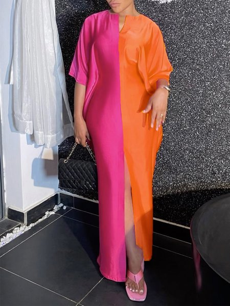 

Regular Fit V Neck Color Block Elegant Dress, Rose red, Maxi Dresses