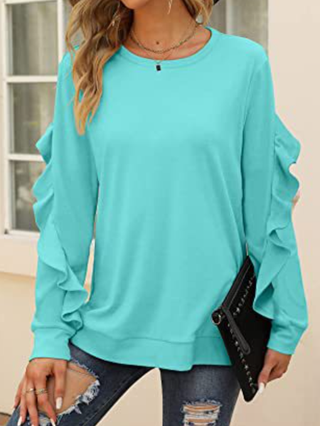 Casual Crew Neck Plain Sweatshirt, Lake blue, Hoodies & Sweatshirts