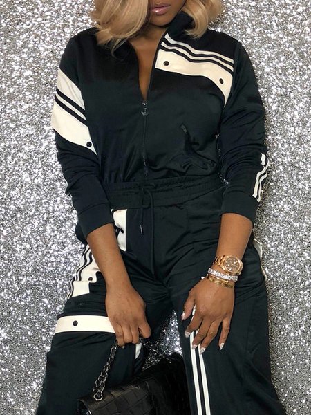 

Casual Loose Striped Zipper Long Sleeve Jacket, Black, Blazers