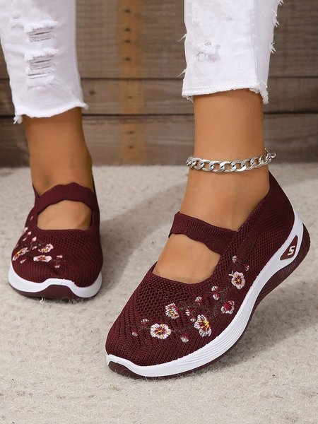 

Floral Embroidery Breathable Slip On Mary Jane Flyknit Sneakers, Wine red, Flats
