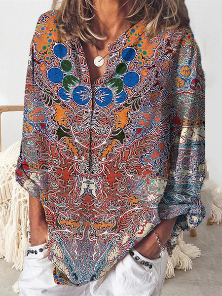 

Ethnic Casual Stand Collar Loose Blouse, Red, Shirts & Blouses