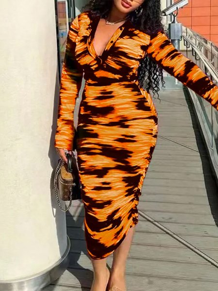 

Tight Abstract Elegant Long Sleeve Midi Dress With No Belt, Orange, Midi Dresses